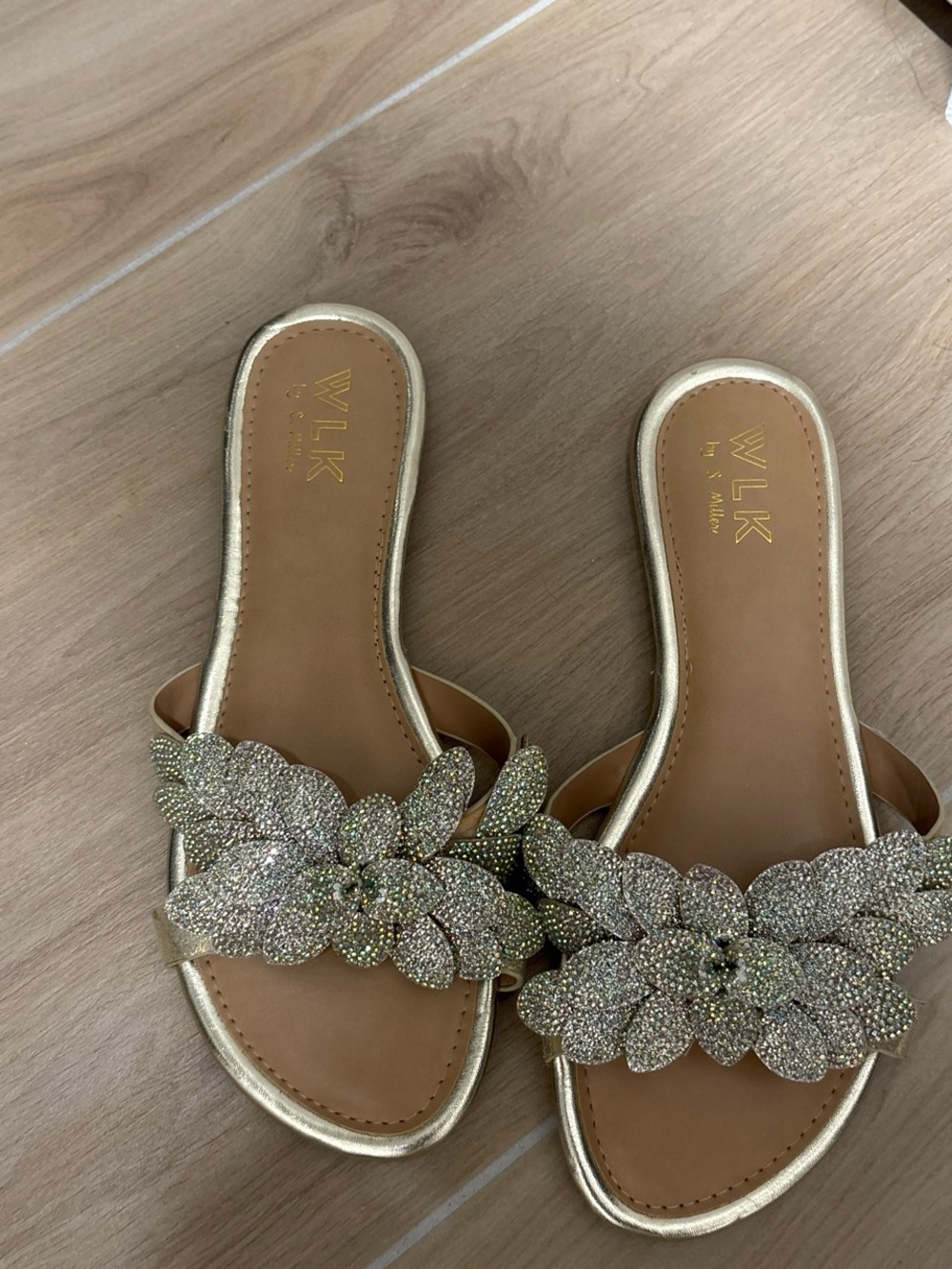 Gold Crystal Flower Slide Sandals - Women's
